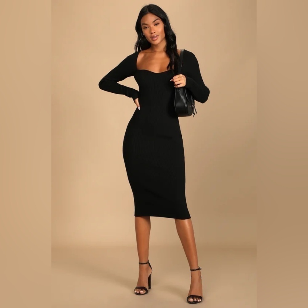 J.ING Black Sculpted Ribbed Long Sleeve Midi Dress